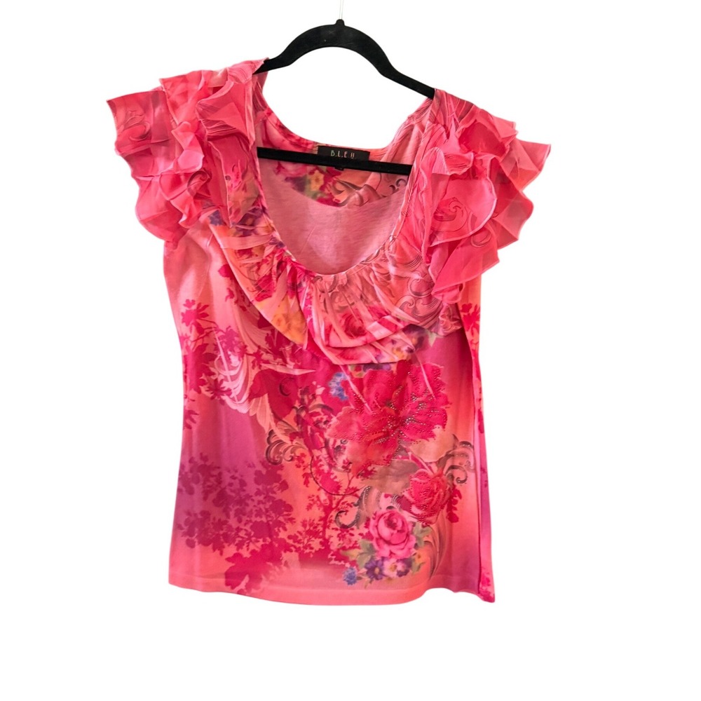 B.L.E.U. Y2k Pink Floral Ruffle Mesh Top Rhinestone Fairy Cap Sleeve Blouse L